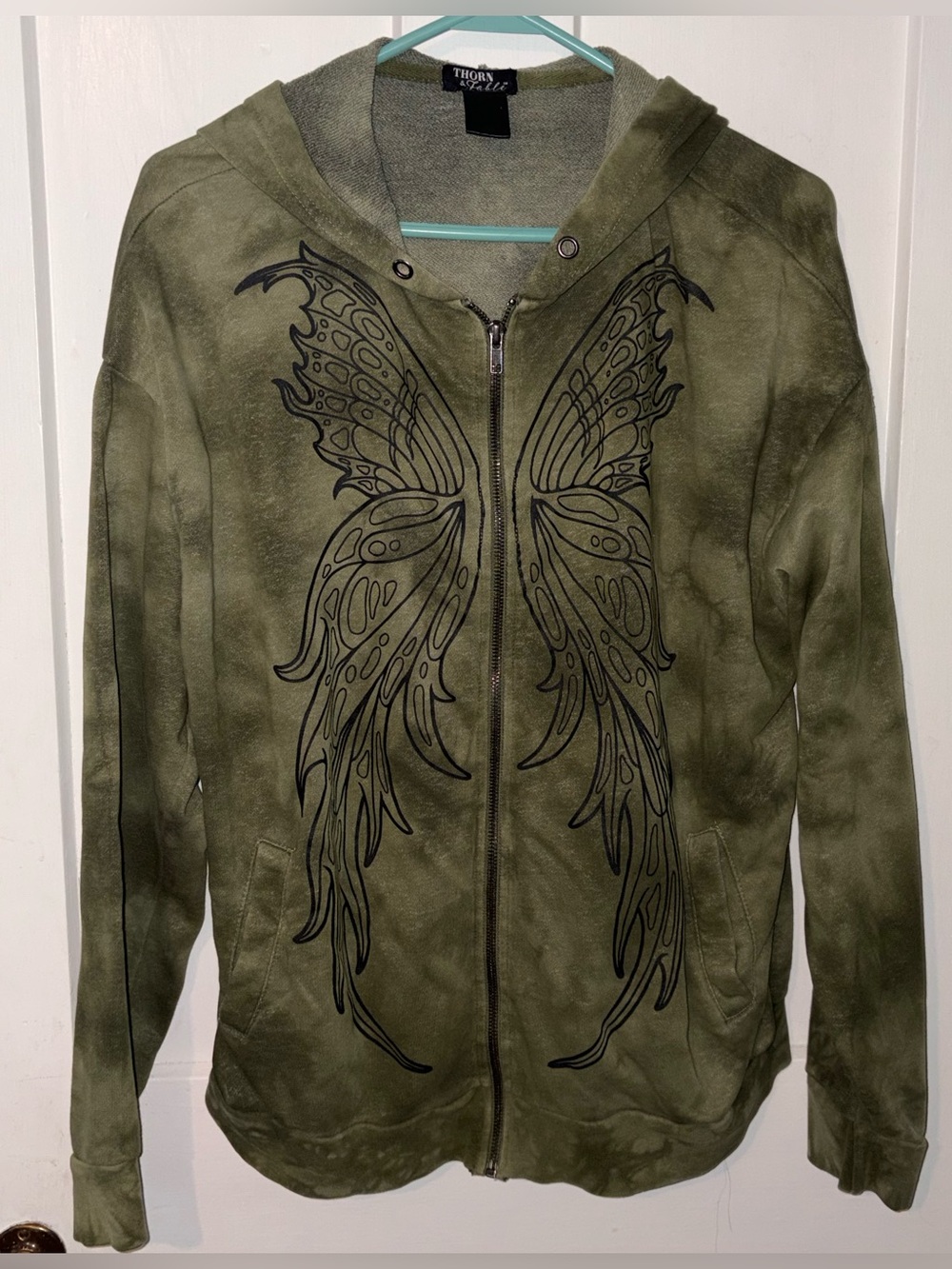 Thorn & Fable Olive Green Zip-Up Hoodie with Black Wing Design M/L